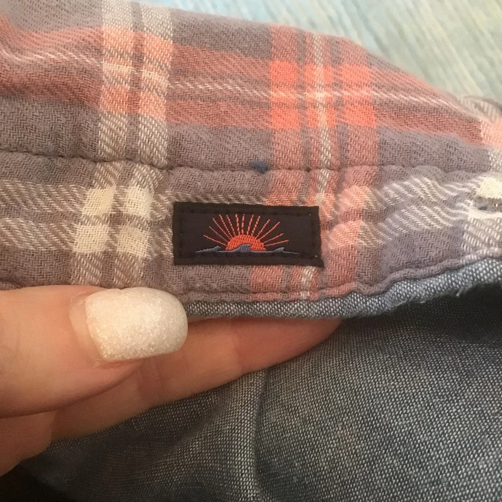 Faherty Brand Reversible Short Sleeve Plaid Chambray Button Down Shirt Red L